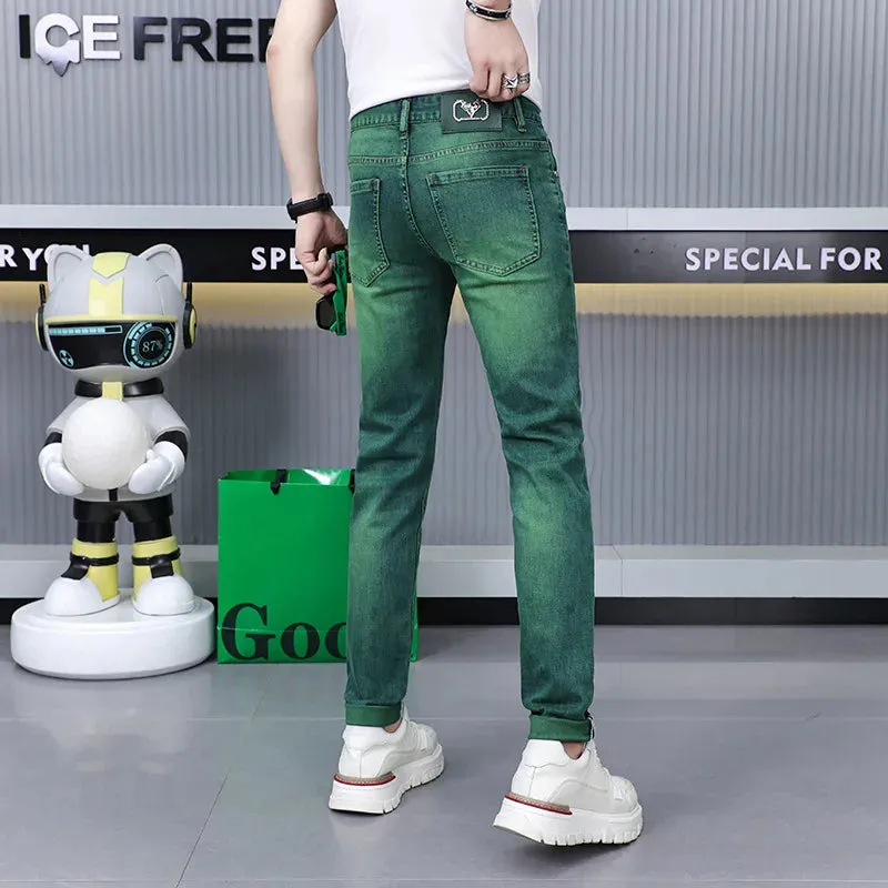 Emerald green jeans green trousers green pants high-end  luxury slim fit stretch straight long pants