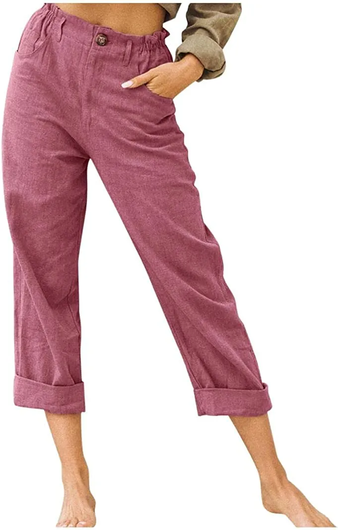 FashionSierra - Linen Buttons Cropped Pants High Elastic Waist Stretch Capris Casual Work Crop Pants