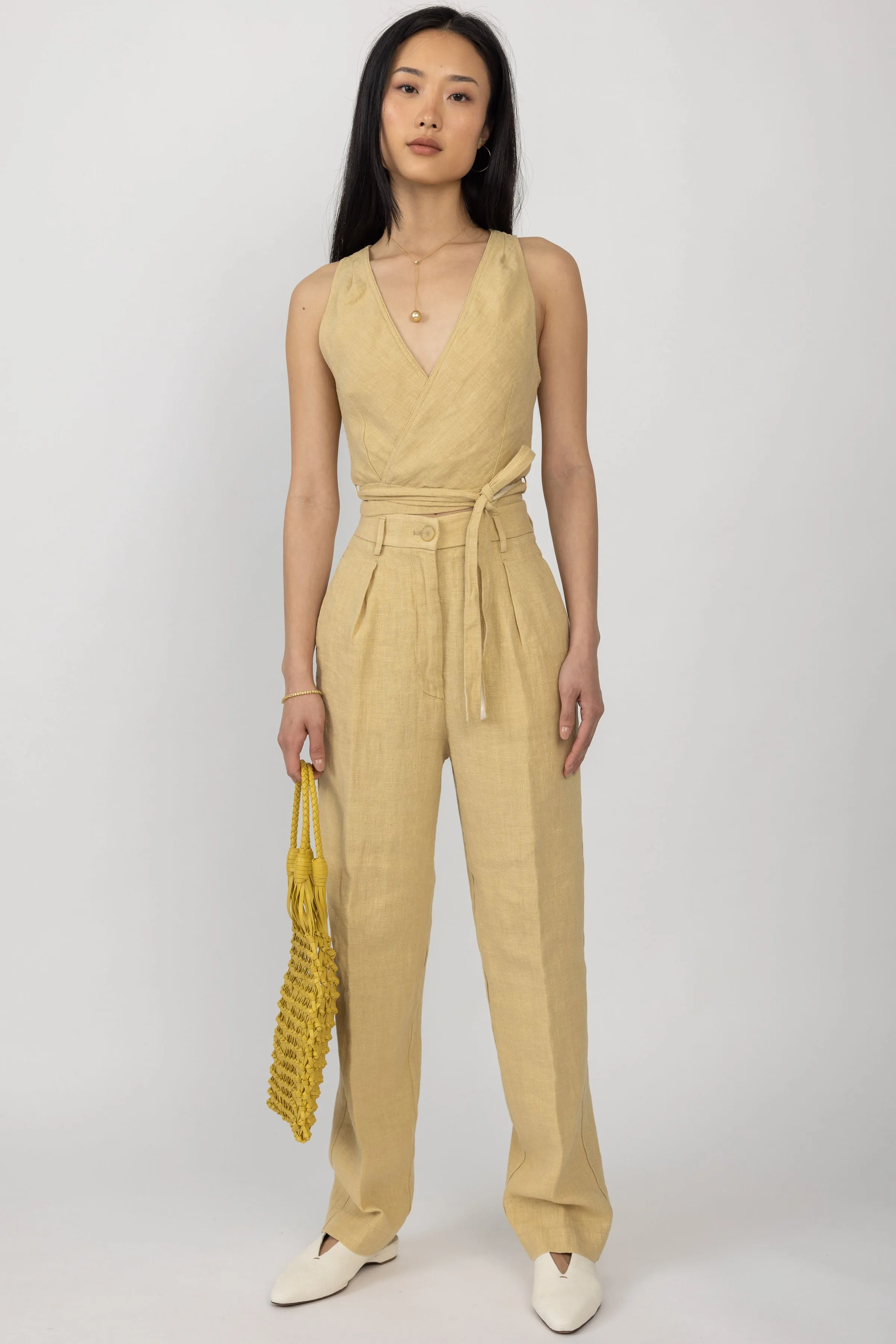 Linen Canvas High Waist Pant in Gold