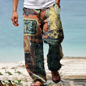 Linen Western Ethnic Irregular Boho Print Double Pocket Stretch Loose Pants