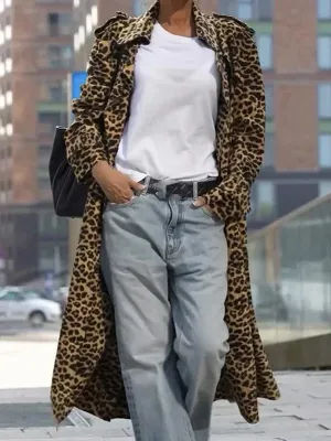 Wenkouban-Winter outfits Christmas Lapel Collar Open Stitch Leopard Print Long Trench Coat
