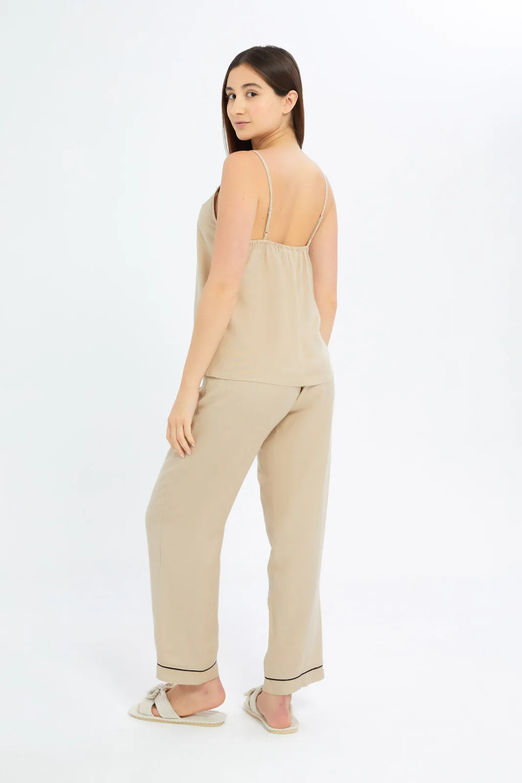 Women Beige Linen Sleeveless Pyjama Set (2 Piece)
