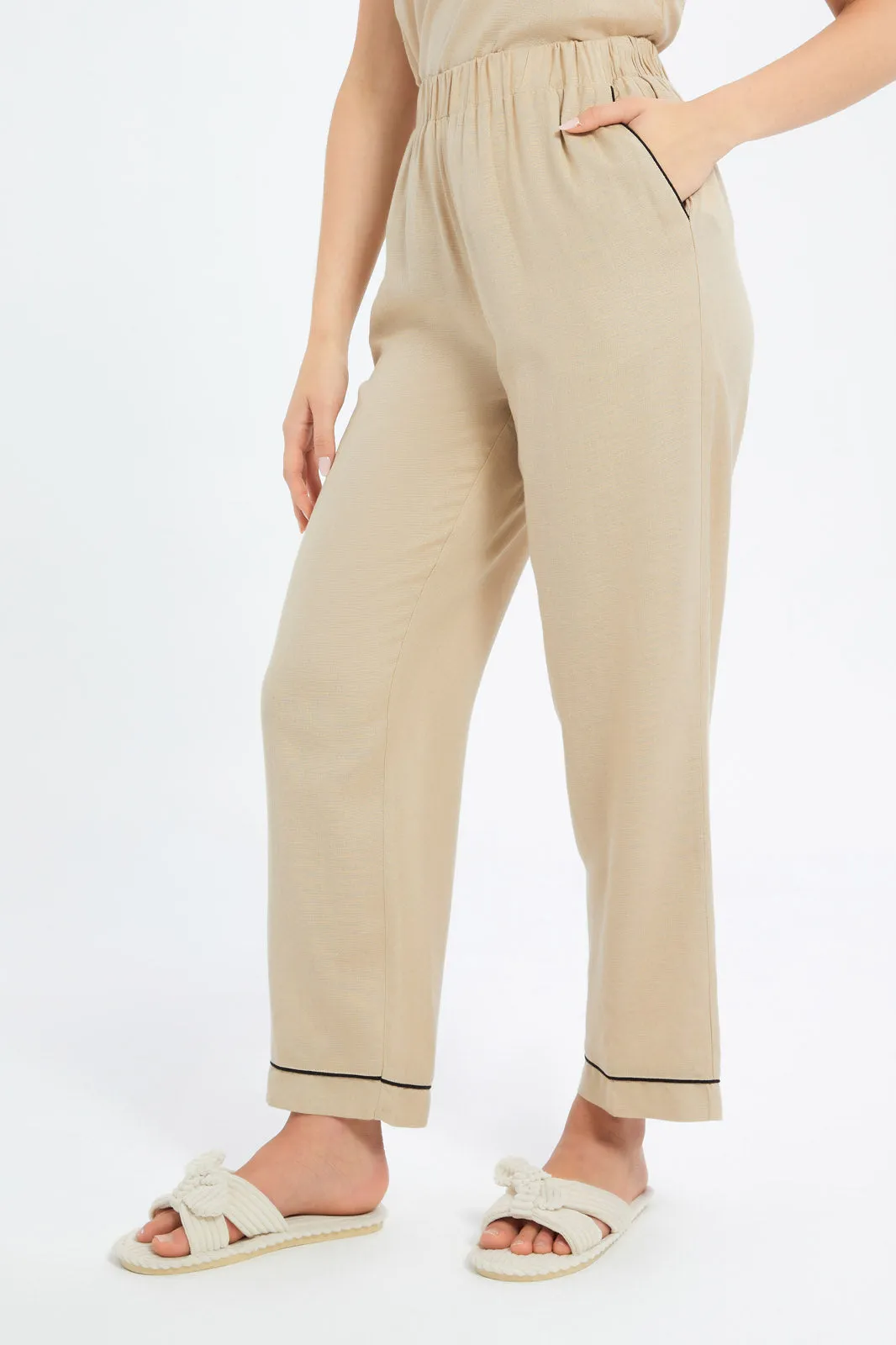 Women Beige Linen Sleeveless Pyjama Set (2 Piece)